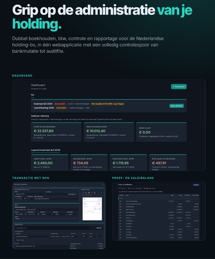 Dashboard, a transaction with receipt, and the trial balance for Voorbeeld Holding.